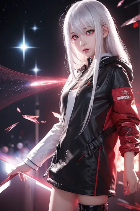 （masterpiece,Highest quality,Anime Style,atmosphere，More Information，CG rendering，Character portrait，Ray Tracing)((girl、girl、Solo))(Holographic Projection，White Hair，Hair Straightening，Red Eyes，Black hooded jacket，There is a red cube in my hand，Black boots...