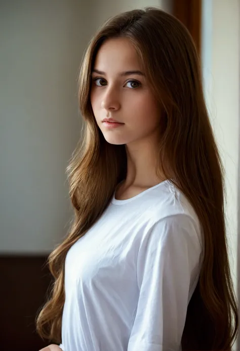 girl with long brown hair , girl portrait, perfect face, with long brown hair ,wearing a drees ,perfect picture, in room , white tـshirt ,