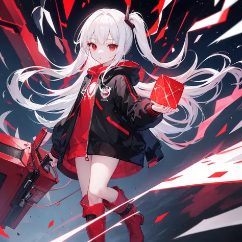 （masterpiece,Highest quality,Anime Style,atmosphere，More Information，CG rendering，Character portrait，Ray Tracing)((girl、girl、Solo))(Holographic Projection，White Hair，Hair Straightening，Red Eyes，Black hooded jacket，There is a red cube in my hand，Black boots...