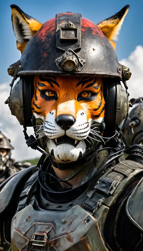 Close-up of a ((fox-human warior)) , half human, half tiger, their faces partially obscured by military helmets. Their eyes are filled with sadness and longing. The background is a trail of blood and violence. SHe wears a mechanized robot armor, carved wit...