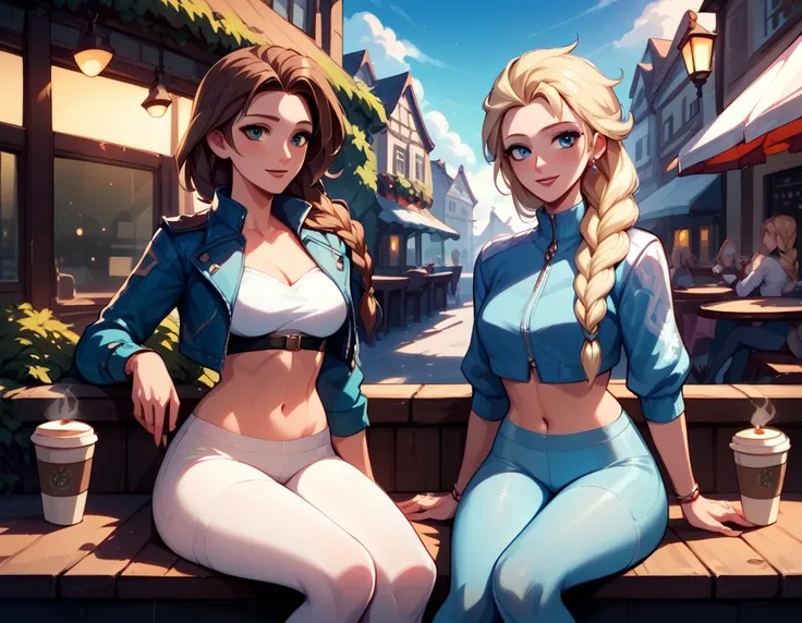 score_9, score_8_up, score_7_up, score_6_up, 2girls, elsa (blonde hair, braid, blue tights, cropped ski jacket, navel:1.1) and anna (brown hair, braided pigtails, white tights, cropped jacket, navel:1.3),, romantic scenes, on dates, snowy village street, l...