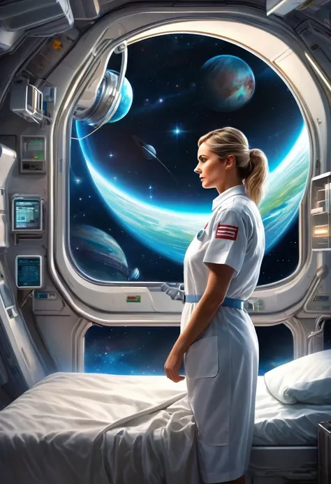 masterpiece, best quality, high resolution, realistic, detailed, Female nurse, science fiction hospital room in planetary orbit, artificial plants, nursing at bedside, stars in deep space seen from window, 