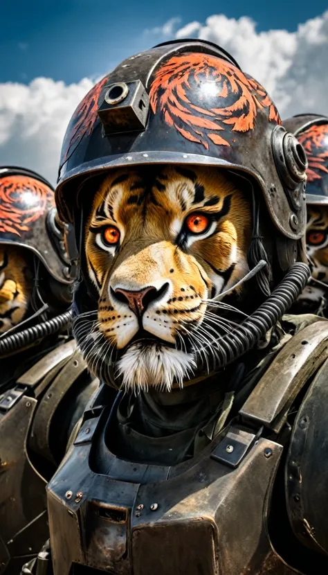 Close-up of a ((lion-human warior)) , half human, half tiger, their faces partially obscured by military helmets. Their eyes are filled with sadness and longing. The background is a trail of blood and violence. SHe wears a mechanized robot armor, carved wi...