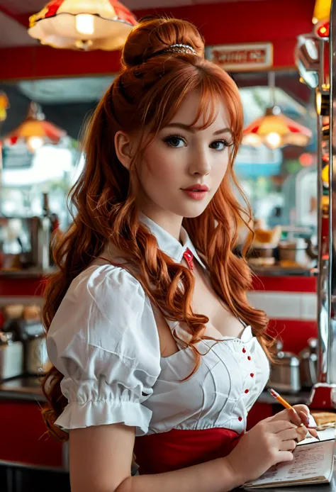 ultra realistic, photography, long red hair, girl, 24 years old, hourglass figure, perfect body, Flirty look, natural breasts, blur background, working at a 60s diner, standing at the counter, waitress outfit, hair in a bun, notepad and pencil in her hands