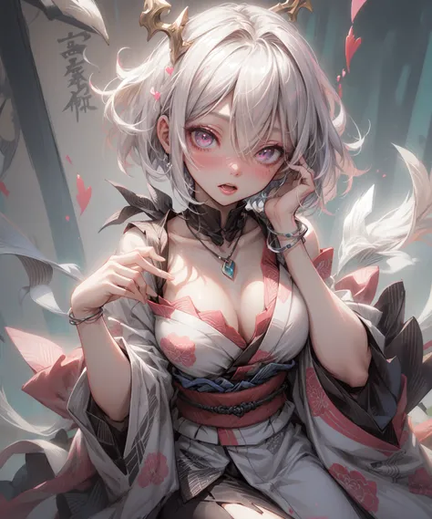 (Highest quality、High resolution、8k、masterpiece)。Look away、Open your mouth、Pink Eyes、Silver Hair、Heart shaped pupil、teeth、tongue、tongueを出す、（Original Character, (1 Girl)、Perfect Face、((short hair:1.2))、(Hair above one eye:1.3)、[[Disheveled Hair]]、Detailed e...