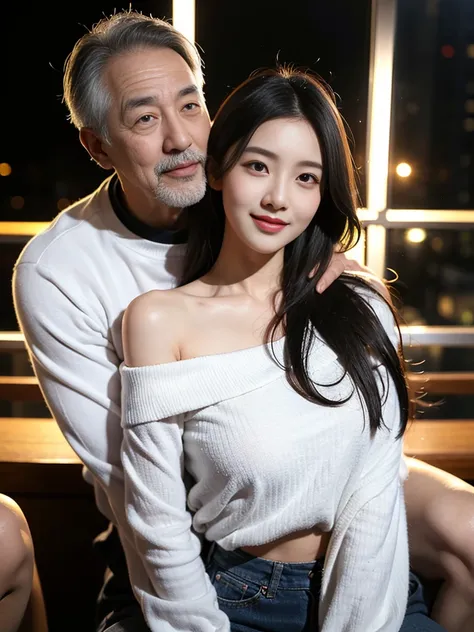 An old Korean man and a young Korean woman, age difference, age difference, giant size, 70 year old man, long white beard, smiling face, hairy body, standing hugging, hugging , sexy young girl 18, small and skinny size, long black hair hairstyle, embarrass...