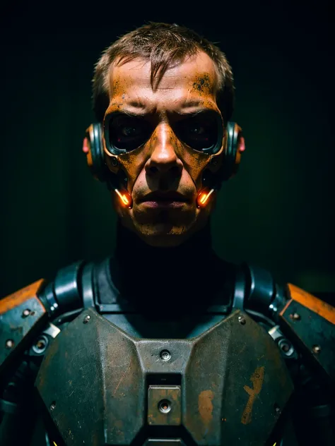 cyberpunk photo, realistic portrait, male cyborg, robotic face, half-human, robotic body, rusty body, old exoskeleton, simple black background, darkness, depth of field  , bokeh, neon lights, dull colors, muted colors, low light, film grain, analogue photo...