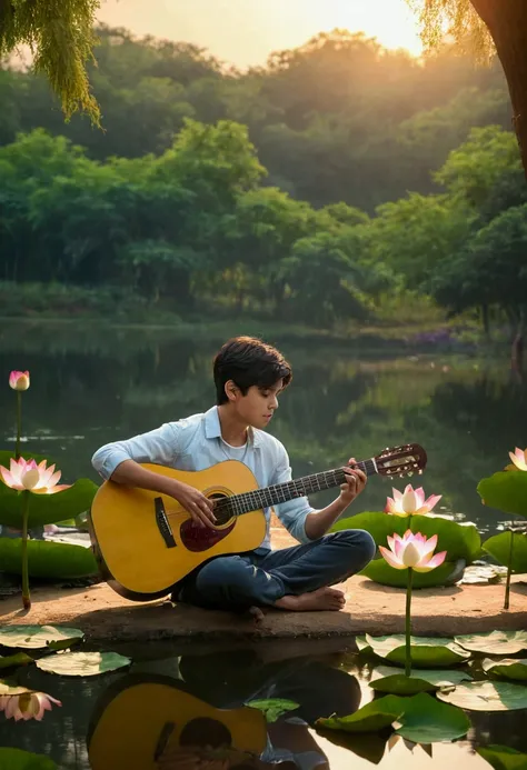 (best quality)), ((masterpiece)), (detailed), 1 handsome boy playing guitar sitting near bank near pond filled of beautiful glowing lotus flower surrounded by trees in forest full picture from backward 