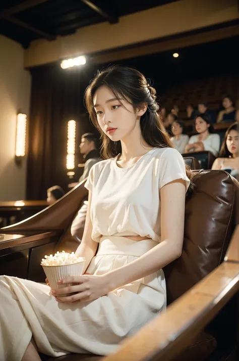 (((best quality))),(((ultra detailed))),(((masterpiece))),illustration, girl sitting in a movie theater, white short-sleeved shirt, flowing long skirt, beautiful girl, elegant figure, youthful innocence, radiant skin, focused eyes, movie screen, dimly lit ...