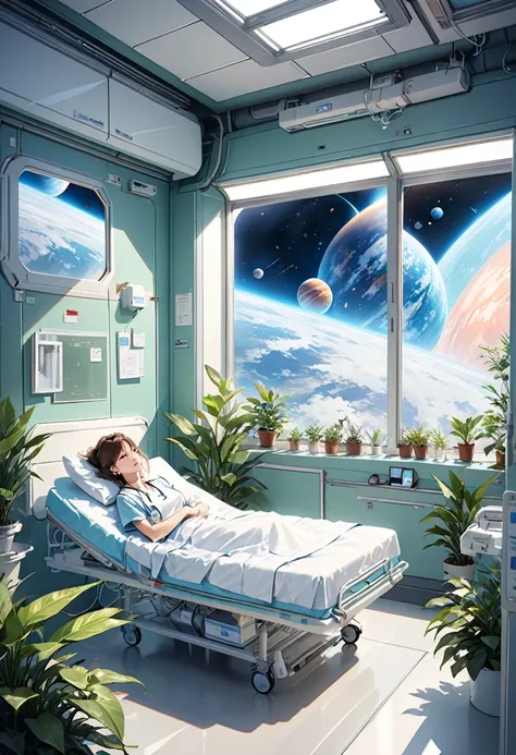 masterpiece, best quality, high resolution, realistic, detailed, Female nurses, science fiction hospital rooms in planetary orbit, artificial plants, nursing beds, stars in deep space seen from the window,