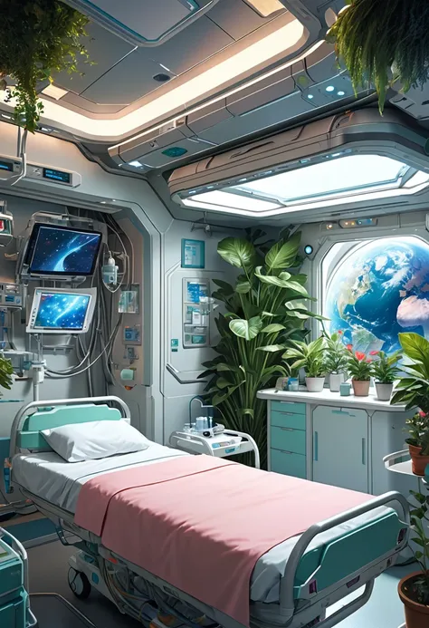 masterpiece, best quality, high resolution, realistic, detailed, Female nurse, science fiction hospital rooms in planetary orbit, artificial plants, nursing beds, stars in deep space seen from the window,