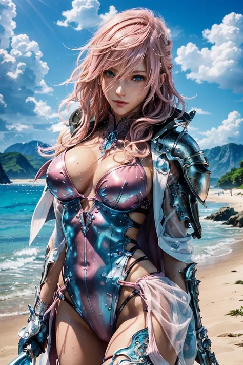 Lightning,Final Fantasy 13,Pink Blonde,Medium Hair,Light perm hair,Hair curled to one side,Let your bangs down,Beautiful Blue Eyes,Beautiful and high nose,Ultra HD,high quality,masterpiece,Digital SLR,Detailed explanation,Intricate details,Anatomical basis...