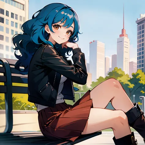 1female, Blue Hair, Black Leather Jacket, Wavy Hair, Red Skirt, Ankle Boots, Brown Eyes, Smiling, Slim, Young Female, City, Sitting on a Park Bench