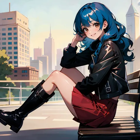 1female, Blue Hair, Black Leather Jacket, Wavy Hair, Red Skirt, Ankle Boots, Brown Eyes, Smiling, Slim, Young Female, City, Sitting on a Park Bench