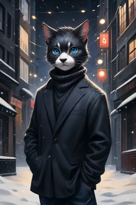 solo, 1boy, black cat, white muzzle, black nose, black bang, blue eyes, cat pupils, dressed in black wool sweater with a neck, grey drape coat and dark blue jeans, night, 50s city, winter, snow, half-body