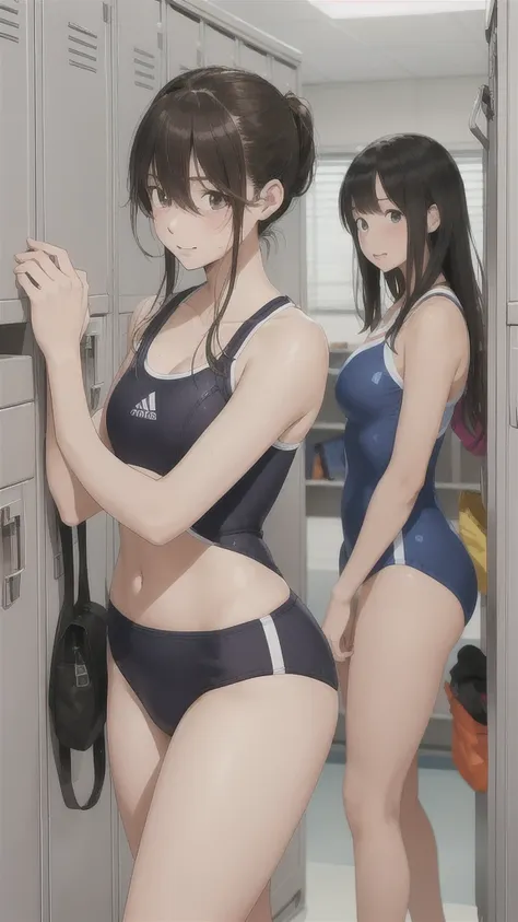 in the high school locker room，several high school girls are changing into swimsuits