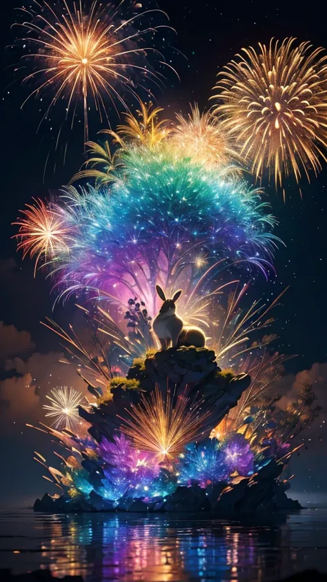 rainbow colorsのウサギ、rabbit、parent and  rabbit、、white rabbit、surrounded by rabbitysterious landscape、firework、firework大会、rainbow c...