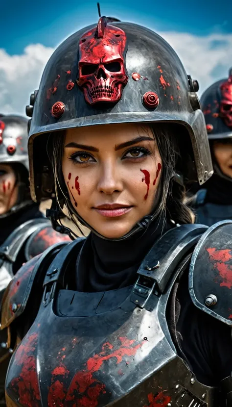 Close-up of a ((beautiful female warior)) , half human, half beast, their faces partially obscured by military helmets. Their eyes are filled with sadness and longing. The background is a trail of blood and violence. SHe wears a mechanized robot armor, car...