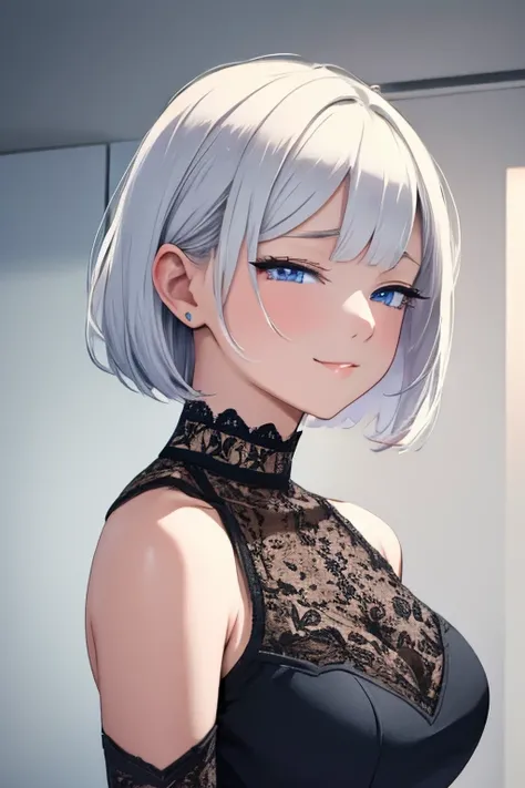 A woman with silver bob hair and blue eyes, extremely detailed and realistic, masterpiece quality, ultra-detailed, HDR, ((She is facing completely to the side)), ((she does not look at me)), (she is extremely happy ),  she is a manager, 