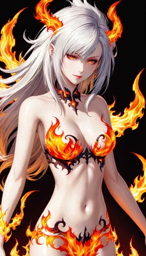 A female demon in the shape of flames,(White_hair:1.2),big hair,shiny hair,White skin,body tattoo