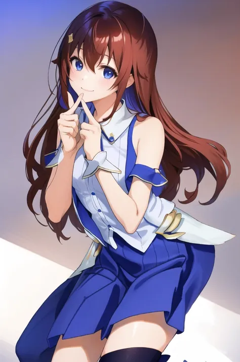 masterpiece、Highest quality、Exact finger count、anime、One girl、Tokino Sora、Brown Hair、Long Hair、blue eyes、White shirt、Cropped shirt、Sleeveless shirt、Blue Vest、Blue Skirt、hair ornaments、Red hair ribbon、Thigh ribbon、Thigh-high socks、Wrist cuffs、indoor、room、sm...