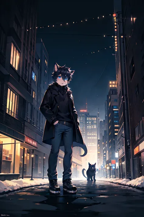 solo, 1boy, furry, anthro, anthro black cat, black nose, black bang, blue eyes, cat pupils, dressed in black wool sweater with a neck, grey drape coat and dark blue jeans, night, 50s city, winter, snow, half-body