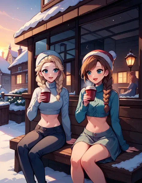 score_9, score_8_up, score_7_up, score_6_up, 2girls, elsa (blonde hair, braid, cute modern winter attire, navel:1.1) and anna (brown hair, braided pigtails, cute modern winter attire, navel:1.3),, romantic scenes, on dates, snowy village street, lovers, in...