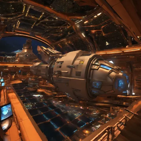 A stunning 3D render of an enormous factory space station, blending dark beach orange and metallic accents. The station resembles a mix of Babylon 5 and Deep Space 9, with six ONeal Class space stations surrounding it and hundreds of starships creating a b...