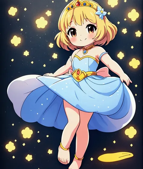 Stickers、Highest quality、High resolution、masterpiece、8k、a bit、1 beautiful girl、cute、blonde,short hair,Princess,tiara,smile,sexy,nice,Light blue dress,Brown eyes,Exposed shoulders,Beautiful legs,Chibi character doll