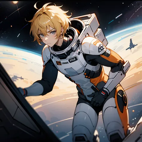 1male, Blonde Hair, Orange Spacesuit, Shaggy Hair, Grey Boots, Sci-Fi Attire, Grey Eyes, Determined Expression, Lean, Adult Male, Space Station, Working on a Console