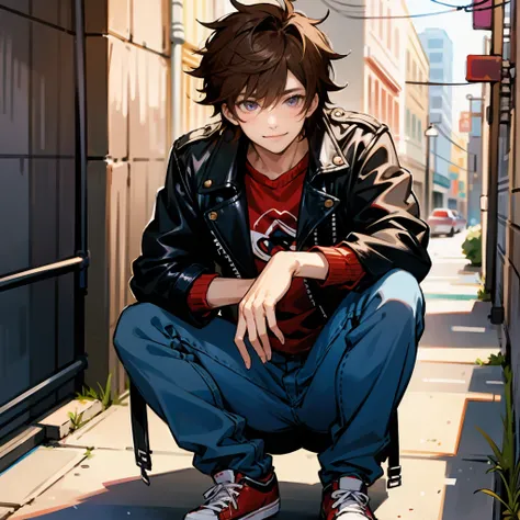 1male, Brown Hair, Black Leather Jacket, Messy Hair, Blue Jeans, Red Sneakers, Purple Eyes, Smiling, Average Build, Adult Male, Urban Alley, Leaning against a Wall