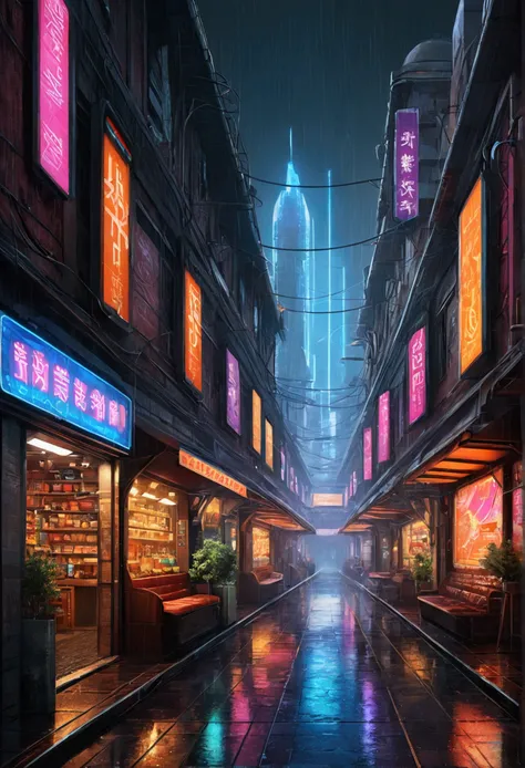 ((masterpiece)),((best quality)),((high detail)),((realistic,)) Futurist era city, architectural streets, bazaars, futuristic train lines, cyberpunk, buildings, night, European city, rainy, neon