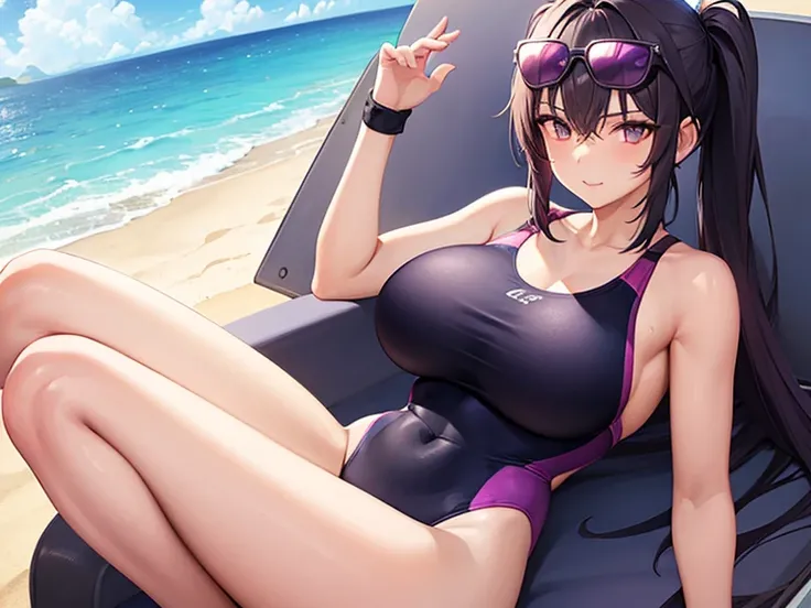 1 girl(athlete swimsuit, dark purple hair, straight hair, big breast, tall, sunglasses), beach