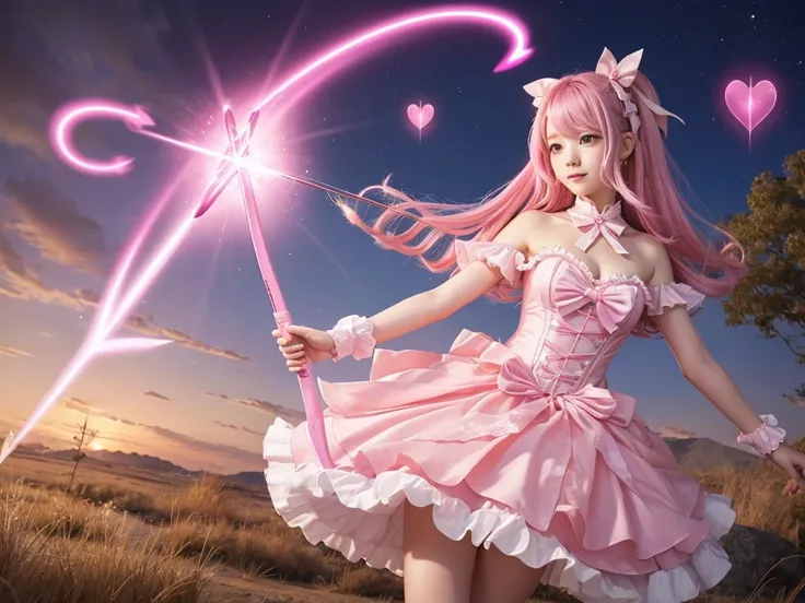 Girl with pink hair,ゴージャスなMagical girlの衣装, Pink dress with ribbons and frills, I have a magic wand in my hand, The tip of the wand is a glowing pink heart., Designed to look like a bow and arrow, Magical girl