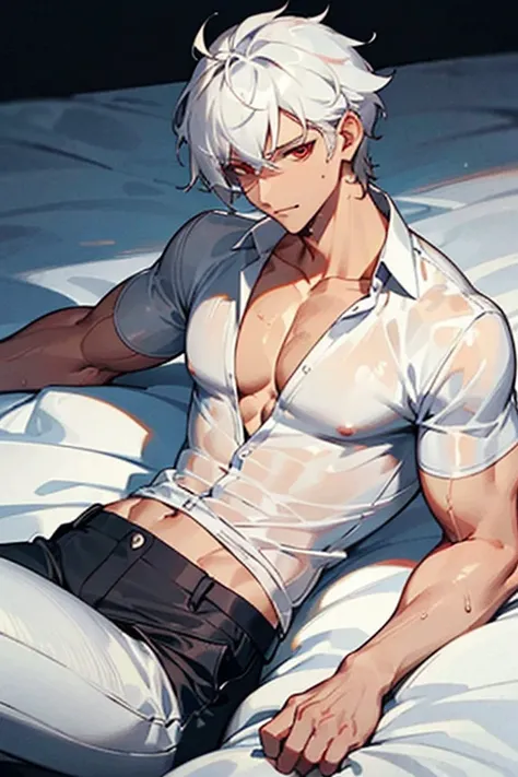 male、Gray Hair、Short Hair、Red Eye、Cold-blooded man、Cold Face、Well-formed face、Handsome、 sexy、Wet、Wet Shirt、White shirt、Pectoral muscle、Transparent、Skin is visible through the material、Wet、A see-through shirt that clings to your muscles、Black trousers、Abdom...