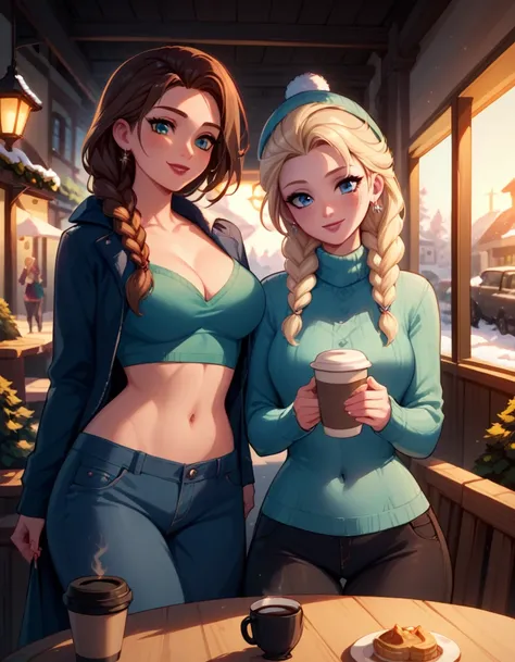 score_9, score_8_up, score_7_up, score_6_up, 2girls, elsa (blonde hair, braid, sexy modern winter attire, navel:1.1) and anna (brown hair, braided pigtails, sexy modern winter attire, navel:1.3),, snowy village street, lovers, in love, inside a roadside co...