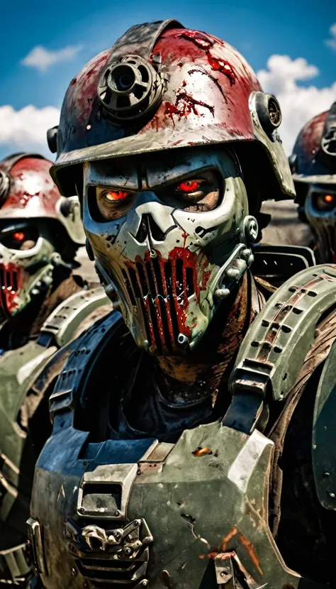 Close-up of a ((zombie wariors)) , half human, half beast, their faces partially obscured by military helmets. Their eyes are filled with sadness and longing. The background is a trail of blood and violence. He wears a mechanized robot armor, carved with a...