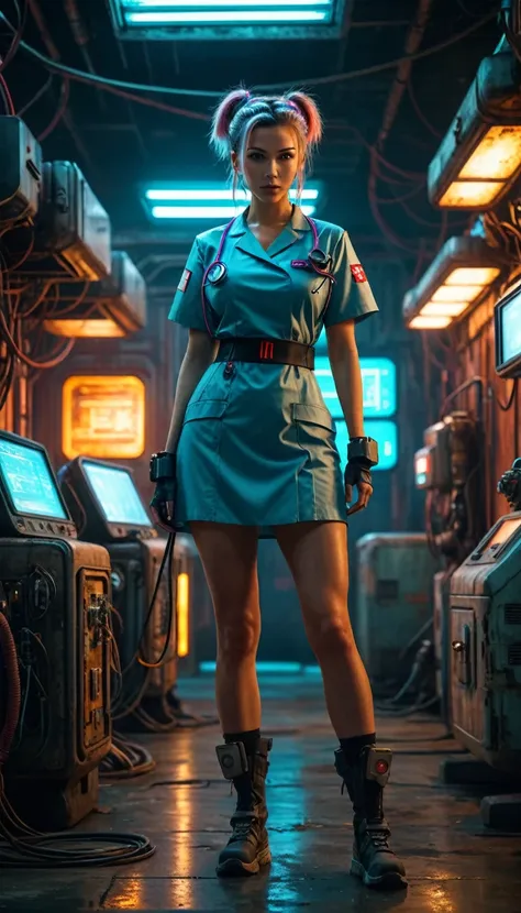 cinematic full body shot of a young and beautiful cyberpunk nurse, wastelands background, old high-tech and rusty stuff, cinematic lighting, 8k, photorealistic, highly detailed, masterpiece, studio quality