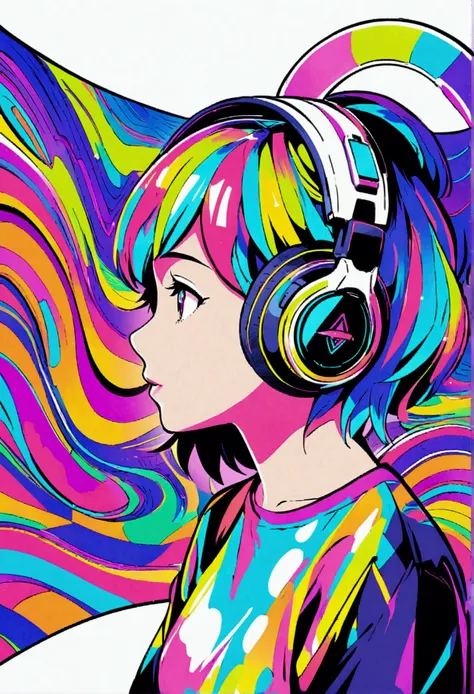 synth wave style head phones, Vibrant and modern 2D flat vector art illustration,with a focus on a professional graphic design aesthetic ,ideal for a colorful t-shirt design,white background, outline,