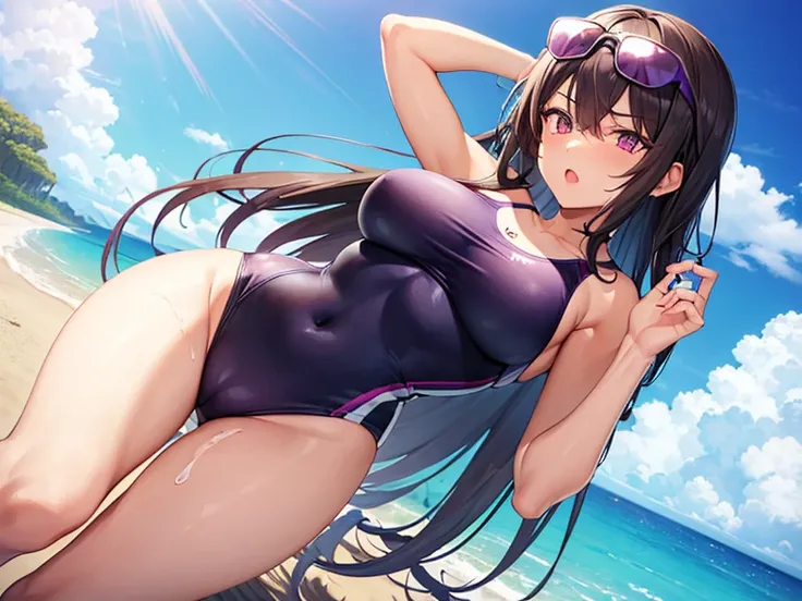 1 girl(athlete swimsuit, dark purple straight hair, big breast, tall, sunglasses), beach, tired, orgasm, cum