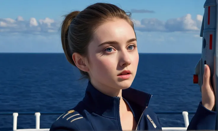 [((On the deck of the ship,1 beautiful girl,Extremely detailed facial details,Short Ponytail,Big teary eyes,Small face,pale and perfect skin,Exquisite makeup,(Navy blue zip-up jacket:1.3),(Navy Blue Pants:1.3),slim,warn,(With a giant rocket launcher on his...