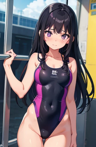 Elementary school girl, 8-year-old, Large Breasts, Black Hair, Long Hair, Purple eyes, Embarrassed expression （One person） Yellow competition swimsuit　girl&#39;S Room　Standing Dynamic Angle