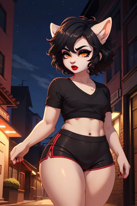 (masterpiece), (best quality), (high res) (solo), (perfect anatomy) (perfect face), wolf and sheep hybrid, (black hair), (black wool), (curly short hair), fair skin, ambiguous gender, (1boy1girl), flat chest, wide hips, thick thighs, (light skin tight blue...