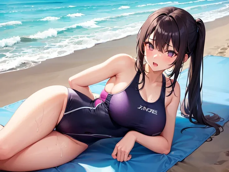 1 girl(athlete swimsuit, dark purple straight hair, big breast, orgasm, hard cum), beach, water side, rock shade