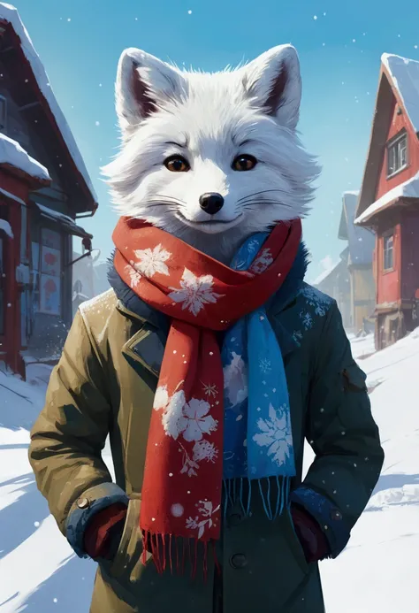 Style-NebMagic, portrait of Ismail Inceoglu, Gazelli, James jean, Anton Fadeev and Yoshitaka Amano, a fluffy cute Arctic fox wearing a Style-SylvaMagic scarf in the snow, very detailed, 8k resolution, digital art, trending on artstation, Vibrant Colours, C...