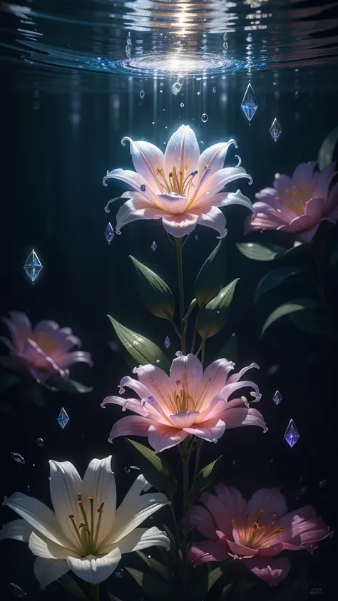 ((lily flowers)),  super transparent,  Holy Light, Flowers in water beautiful spectral light, petals glow, flashes, Dark background, drops of transparent light, reflective light, Bright, light streaming in, optics, Sharp Focus, Magical, Convoluted, A hyper...