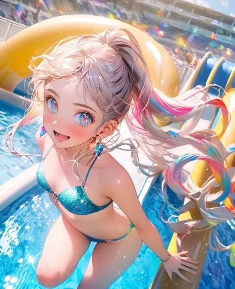 8K,gal，an extremely delicate and beautiful,Beautiful and realistic skin,Shiny jewel-like earrings,Shine like glitter long colorful hair,beautiful eyes,bikini,beautiful pool,slide down the waterslide,glitter background,full body