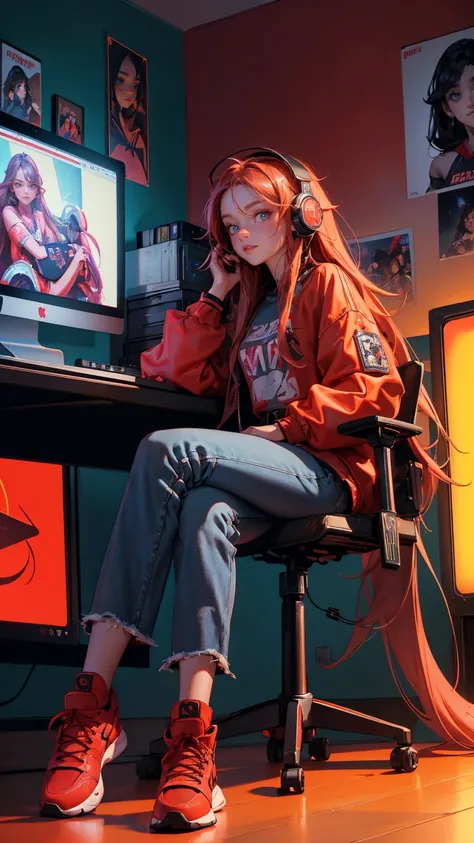  a highly detailed realistic picture, the character is a lady with long hair and goatee wearing headphones sitting in front of her red macbook pro on top of desk full of monitors , she wears streetwear and wide leg jeans and big sneakers, there s lots of c...