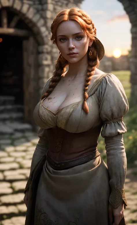 (masterpiece), (extremely intricate:1.3), (realistic), portrait of a girl, medieval commoner, huge and perfect breasts, heaving bosom, the most beautiful in the world, ginger hair in messy braid, (plain and dirty peasant clothing), detailed textures, upper...