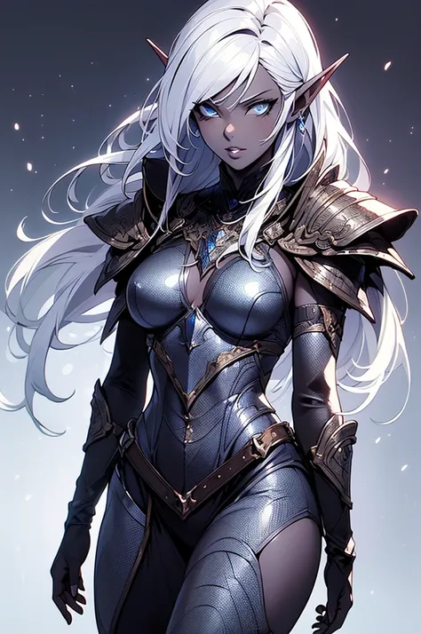 ((master piece)), ((very detailed, high quality)) 1woman, solo, looking at viewer, white long hair, wearing a leather Armor, beautiful body, blue eyes, full body, grey background, medium bust, sexy, flirting, lips, drow, dark elf, pointy ears, grey skin, d...